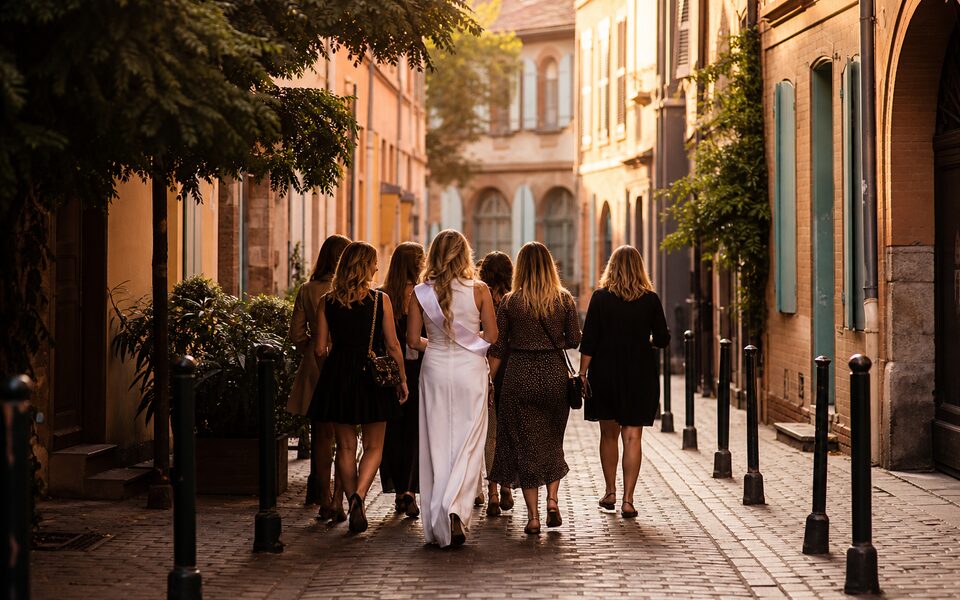 Photographe EVJF urgence à Toulouse : groupe de femmes et photographe dans une rue.