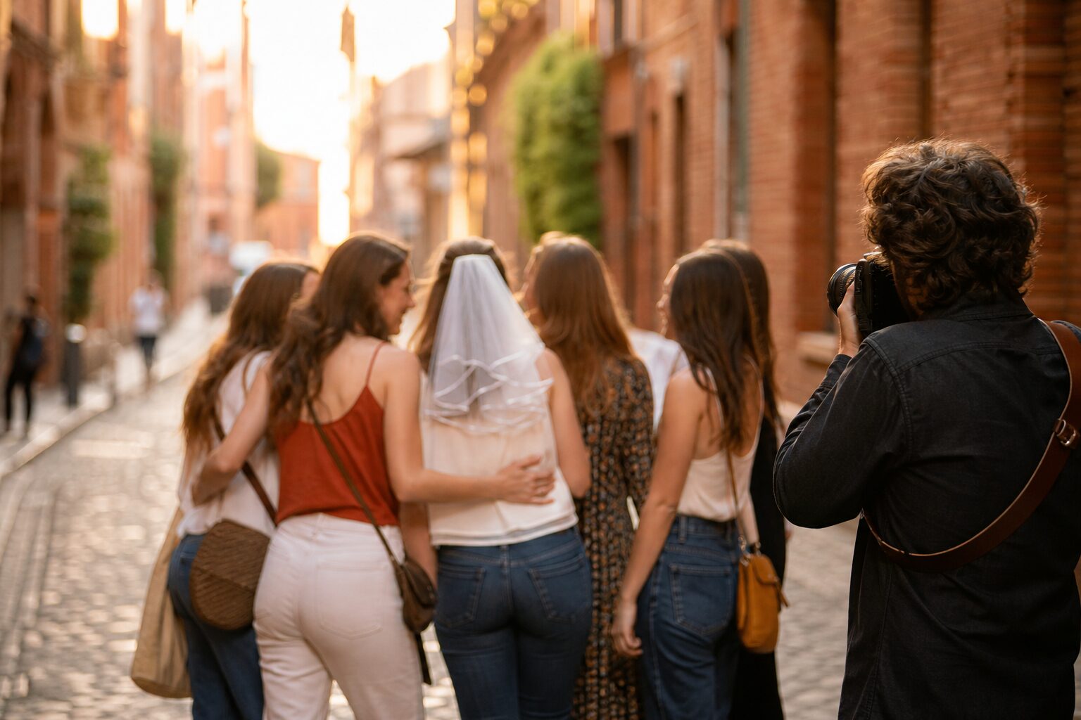Illustration éditoriale : groupe EVJF et photographe à Toulouse.