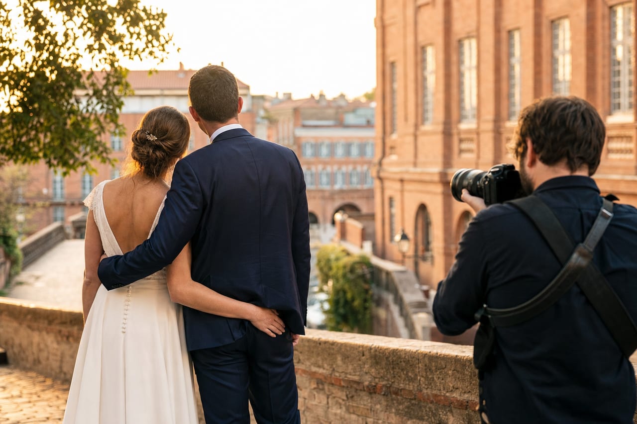 Photographe en action lors d’un mariage à Toulouse, couple et photographe vus de dos.